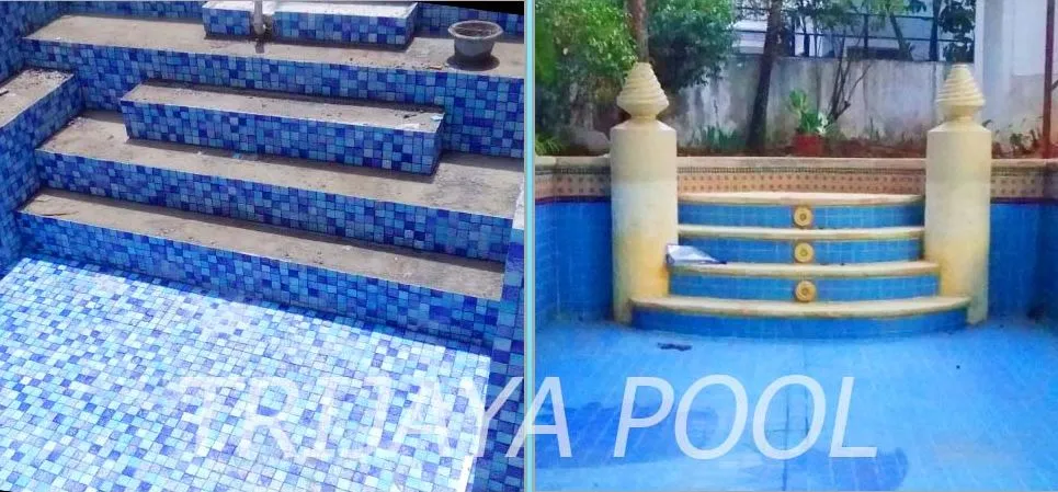 membersihkan tangga beton kolam renang